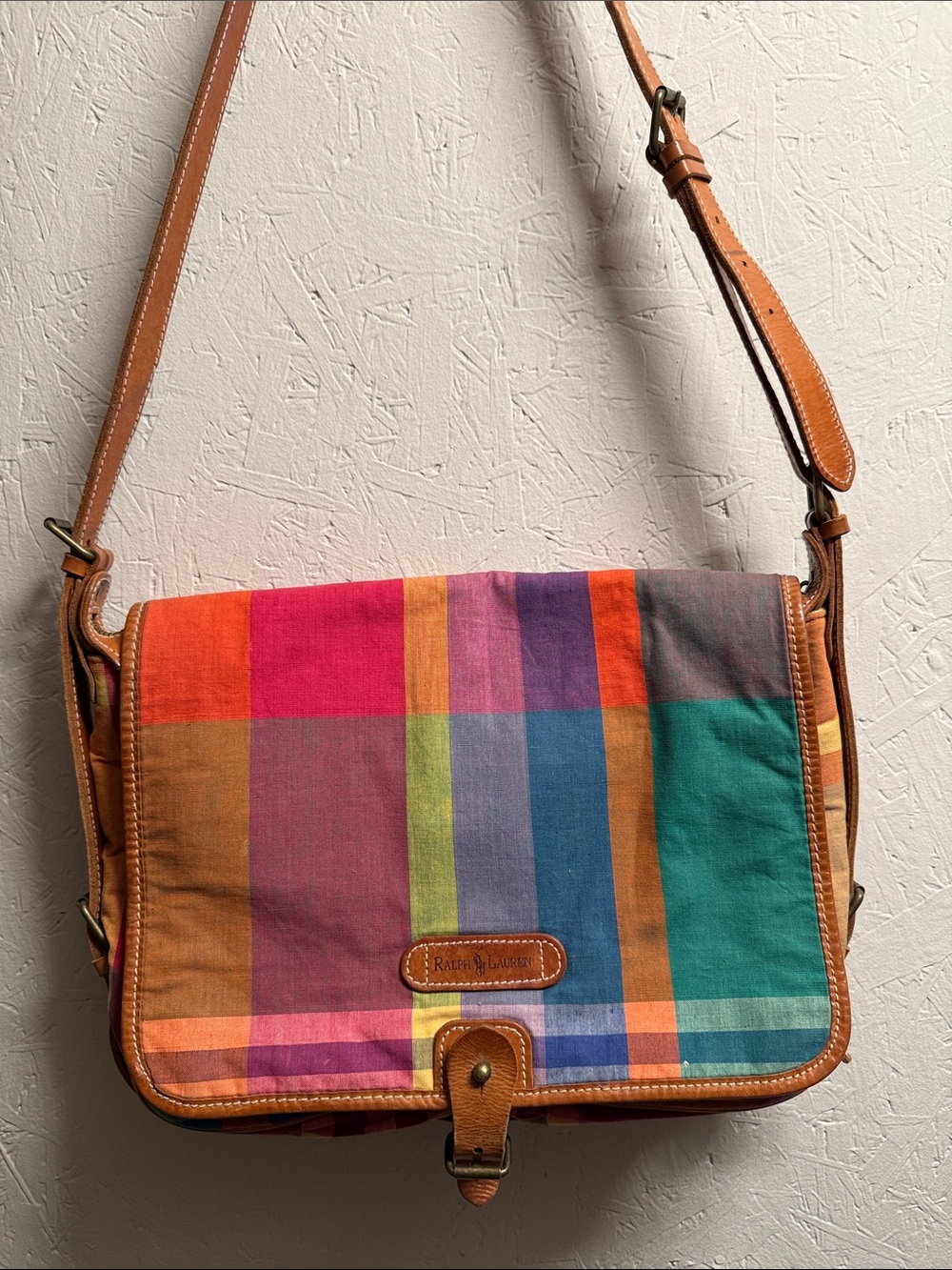 Vintage 90’s Ralph Lauren Multicolor Plaid Canvas Crossbody with leather strap